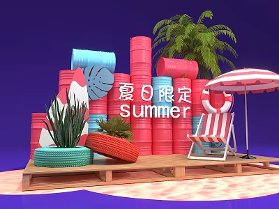 Summer Themed Decor Red Barrels Striped Umbrella Deck Chair Palm Tree On Wooden Platform 3d model