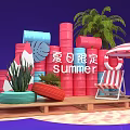 Summer Themed Decor Red Barrels Striped Umbrella Deck Chair Palm Tree On Wooden Platform