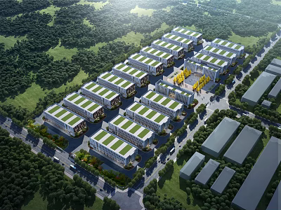 Industrial Factory Buildings Arranged in Multiple Rows Surrounded by Green Trees And Roads 3d model