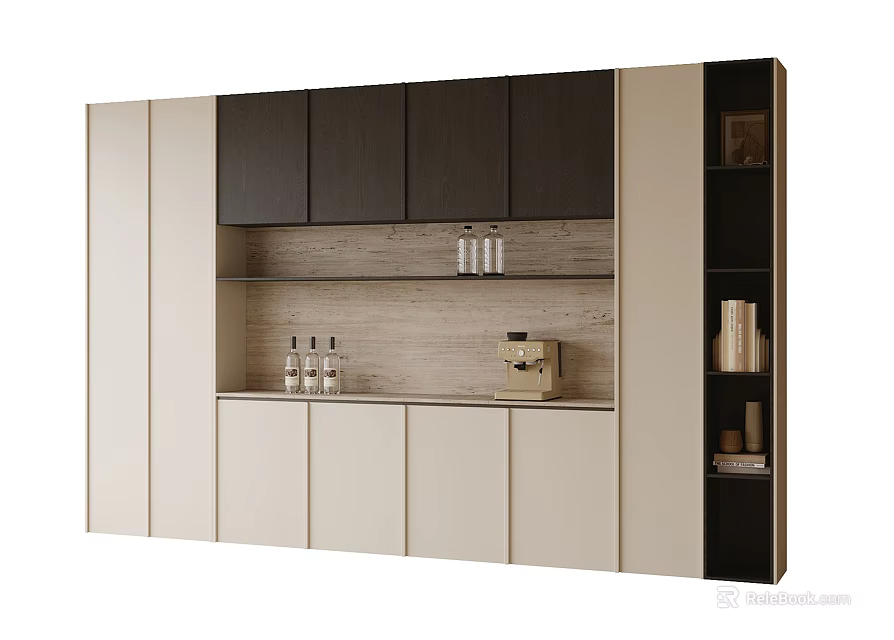 Modern Sideboard With Beige And Dark Cabinets Wooden Countertop Storage Shelves And Decorative Items 3d model 