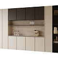 Modern Sideboard With Beige And Dark Cabinets Wooden Countertop Storage Shelves And Decorative Items