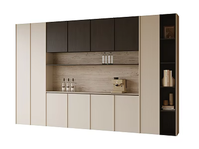 Modern Sideboard With Beige And Dark Cabinets Wooden Countertop Storage Shelves And Decorative Items 3d model