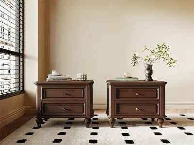 Dark Brown Bedside Tables With Drawers In Bedroom Featuring Window Green Plant And Rug 3d model