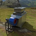 Industrial Equipment Featuring Metal Casing Blue Component and Warning Labels in Outdoor Rocky Grassy Area