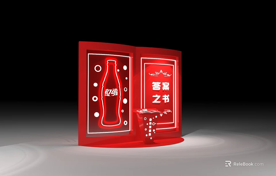 Red Display Board Featuring Coca Cola Bottle And Answer Book Design 3d model 
