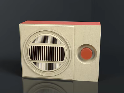 Vintage Cream Colored Radio With Circular Speaker Grille And Red Knob 3d model