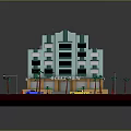 Modern Light Blue Beige Multi Storey Building With Windows Pink Signage Palm Trees Street Cars