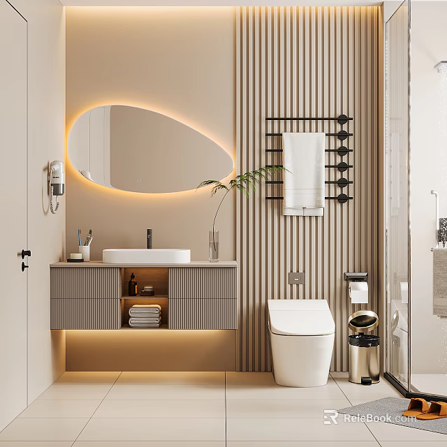 Modern Elegant Bathroom Cabinet with Round Mirror LED Light Towel Rack Sink and Storage Drawers 3d model 