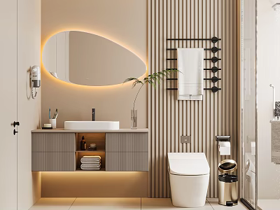 Modern Elegant Bathroom Cabinet with Round Mirror LED Light Towel Rack Sink and Storage Drawers 3d model