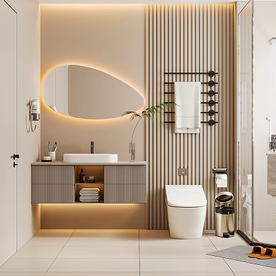 Modern Elegant Bathroom Cabinet with Round Mirror LED Light Towel Rack Sink and Storage Drawers 3d model
