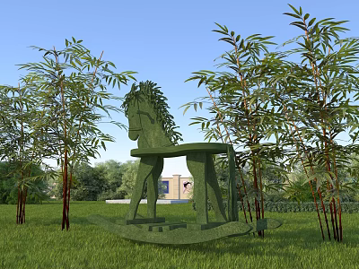 Green Rocking Horse Shaped Tree Pool Surrounded by Trees and Grassland Under Blue Sky 3d model