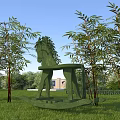 Green Rocking Horse Shaped Tree Pool Surrounded by Trees and Grassland Under Blue Sky