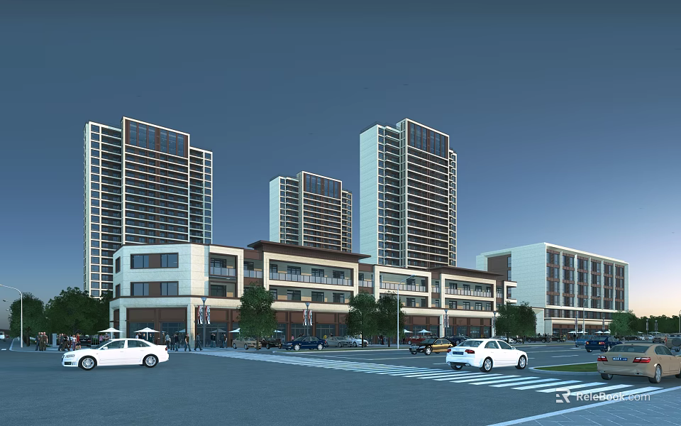Modern Commercial Street With High Rise Buildings Low Rise Structures Cars And Trees 3d model 
