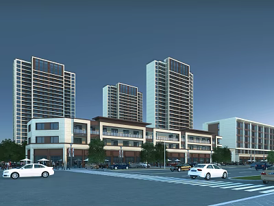Modern Commercial Street With High Rise Buildings Low Rise Structures Cars And Trees 3d model