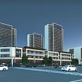 Modern Commercial Street With High Rise Buildings Low Rise Structures Cars And Trees