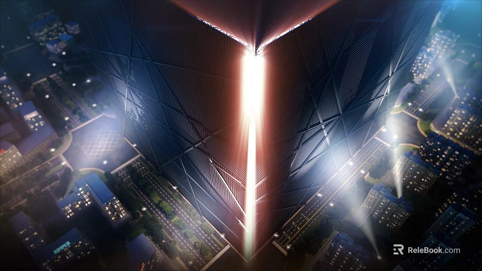 Scenery of Modern Urban Skyscraper Night View with Illuminated Symmetrical Structure and City Lights 3d model 