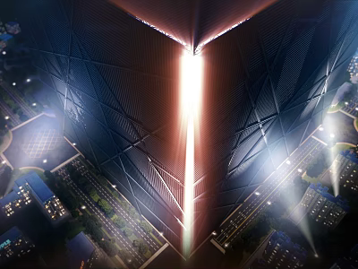 Scenery of Modern Urban Skyscraper Night View with Illuminated Symmetrical Structure and City Lights 3d model