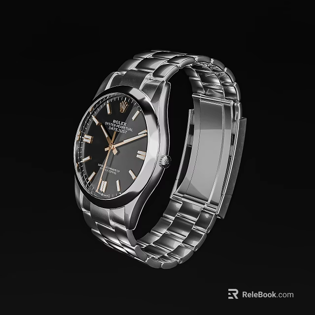 Luxury Wristwatch With Stainless Steel Band Black Dial And Golden Hands 3d model 