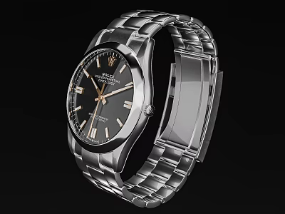 Luxury Wristwatch With Stainless Steel Band Black Dial And Golden Hands 3d model