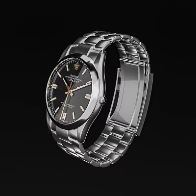 Luxury Wristwatch With Stainless Steel Band Black Dial And Golden Hands 3d model