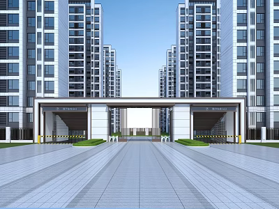 Modern Entrance Gate Of High Rise Residential Area With Spacious Paved Driveway And Green Lawns 3d model