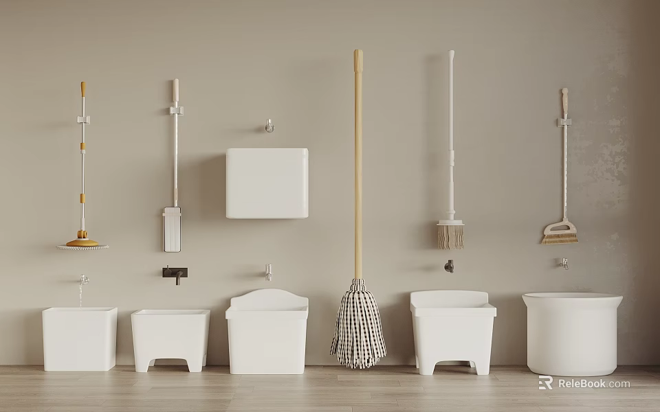 Neatly Arranged Cleaning Tools And White Buckets On Beige Wall 3d model 