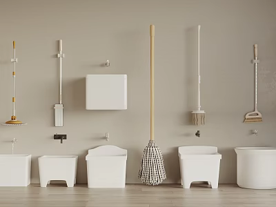 Neatly Arranged Cleaning Tools And White Buckets On Beige Wall 3d model