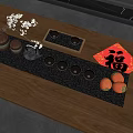 Traditional Chinese Tea Set on Wooden Table with Lucky Fu Character White Blossom and Persimmons