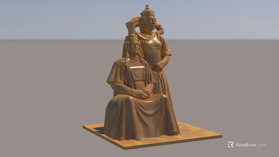 Traditional Sculpture Carving Featuring Two Figures in Traditional Clothing Seated and Standing on Wooden Base 3d model 
