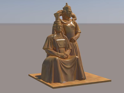 Traditional Sculpture Carving Featuring Two Figures in Traditional Clothing Seated and Standing on Wooden Base 3d model