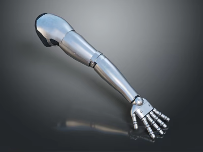 Silver Metallic Mechanical Arm Featuring Palm Fingers And Joint Connections On Dark Background 3d model