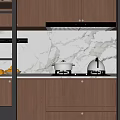 Dark Wood Kitchen Interior With Marble Countertops Stainless Steel Appliances Window Blinds And Plant