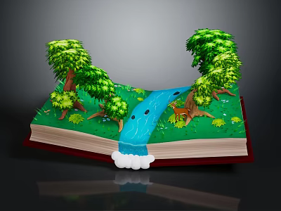 Cartoon Scene of Open Book Featuring 3D Pop-up Green Trees Blue Waterfall and Deer 3d model