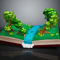 Cartoon Scene of Open Book Featuring 3D Pop-up Green Trees Blue Waterfall and Deer