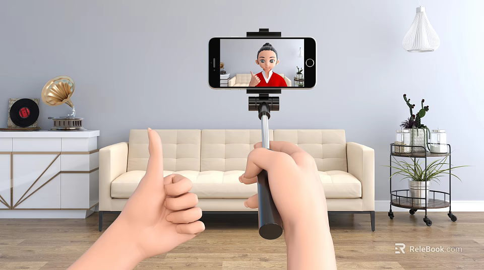 Cartoon Scene of Hands Holding Selfie Stick with Smartphone in Living Room Background 3d model 