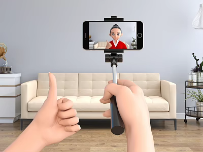 Cartoon Scene of Hands Holding Selfie Stick with Smartphone in Living Room Background 3d model
