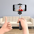 Cartoon Scene of Hands Holding Selfie Stick with Smartphone in Living Room Background