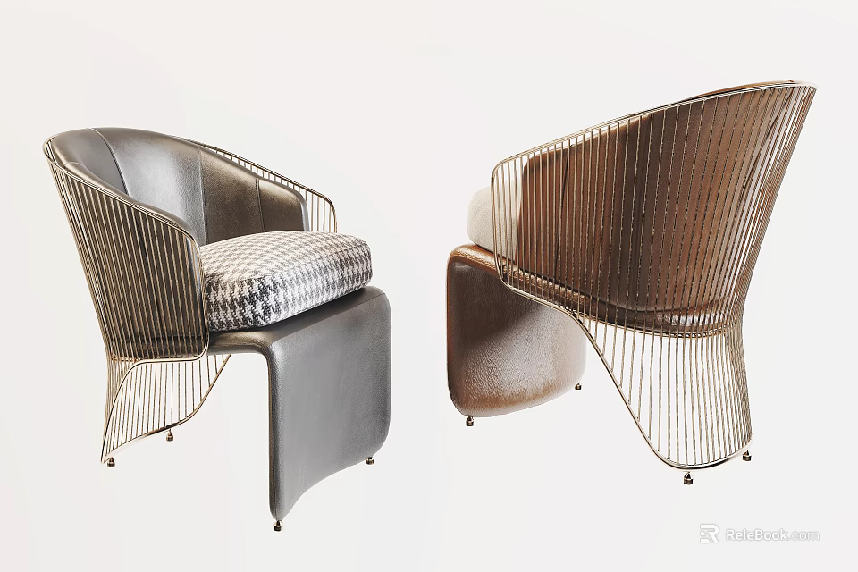 Modern Single Accent Chair With Metal Wire Frame And Patterned Cushion 3d model
