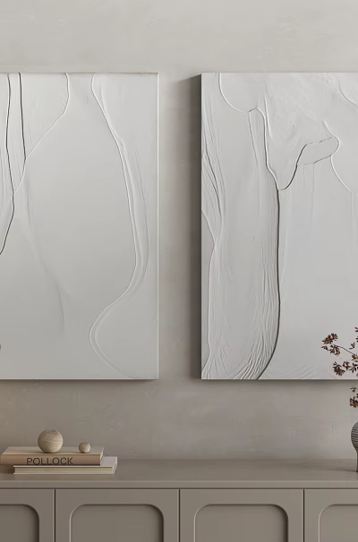 White Textured Abstract Paintings On Light Gray Wall With Wooden Cabinet Decor 3d model