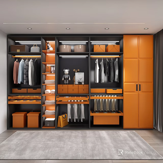 Modern Orange Walk In Closet Interior With Organized Storage Units 3d model 