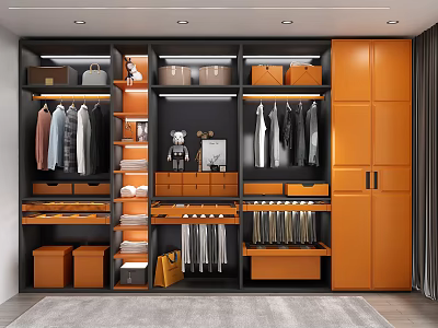 Modern Orange Walk In Closet Interior With Organized Storage Units 3d model