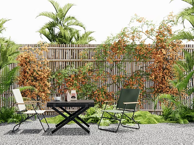 Lush Vines Covering Bamboo Fence in Cozy Outdoor Space with Table and Chairs 3d model