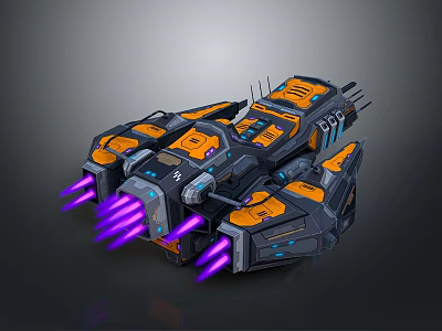 Futuristic Sci Fi Spaceship With Purple Thrusters And Orange Black Design 3d model