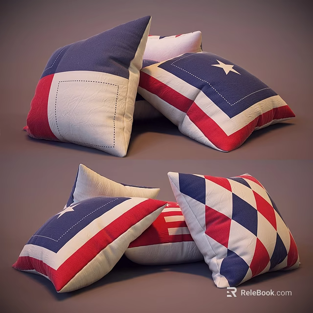 Red White Blue Decorative Pillows With Star Pattern And Geometric Design 3d model 