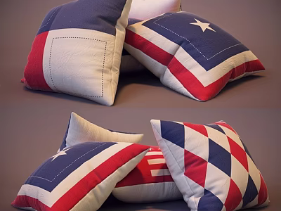 Red White Blue Decorative Pillows With Star Pattern And Geometric Design 3d model