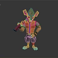3D Fantasy Character With Large Ears Red Vest Black Shorts Holding Blaster In Standing Pose