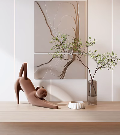 Brown Cat Doll Stretching Near White Bowl Green Branches in Glass Vase on Light Wall 3d model