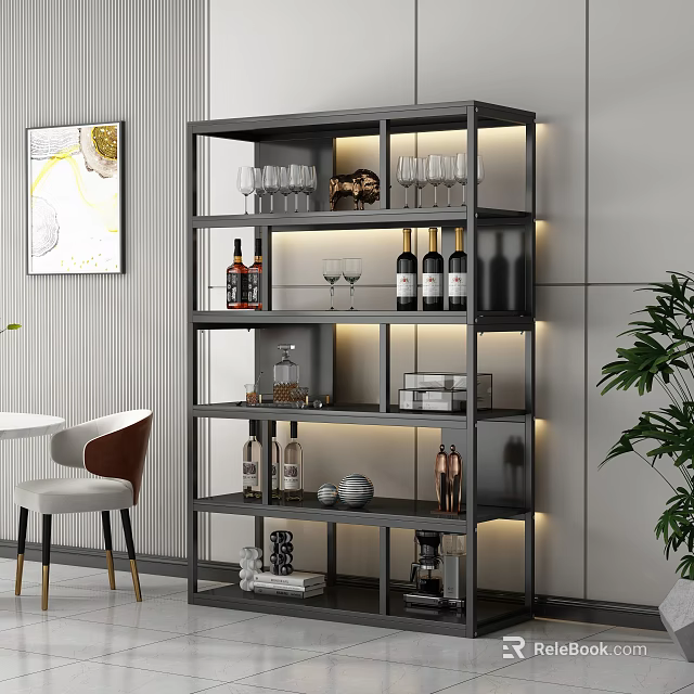 Modern Multi Tiered Wine Cabinet With LED Lighting Wine Bottles Glasses And Decorative Items 3d model 
