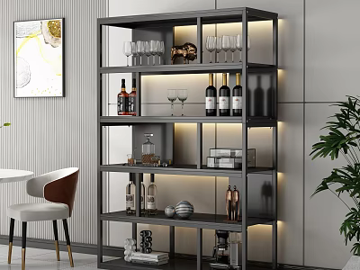Modern Multi Tiered Wine Cabinet With LED Lighting Wine Bottles Glasses And Decorative Items 3d model