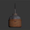 Lit Kerosene Lamp With Rustic Metal Body And Burning Wick On Dark Background